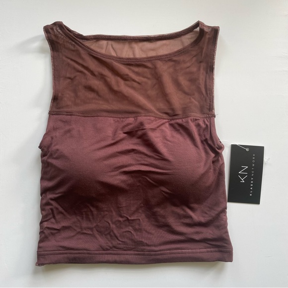 High Neck Mesh Brami Crop Top (with built in bra), Brown - Picture 2 of 4